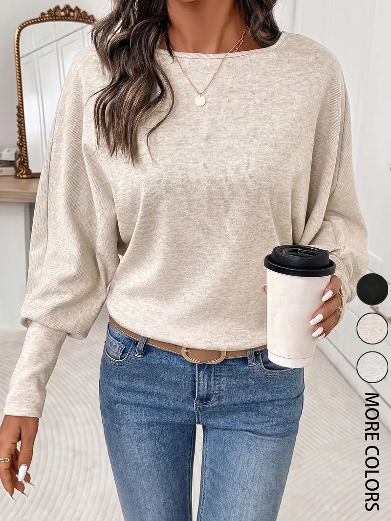 Women's Casual Versatile Loose Round Neck  Soft  Batwing Sleeve Long Sleeve T-Shirt, Elegant,Comfortable and Stylish Top for Daily Wear