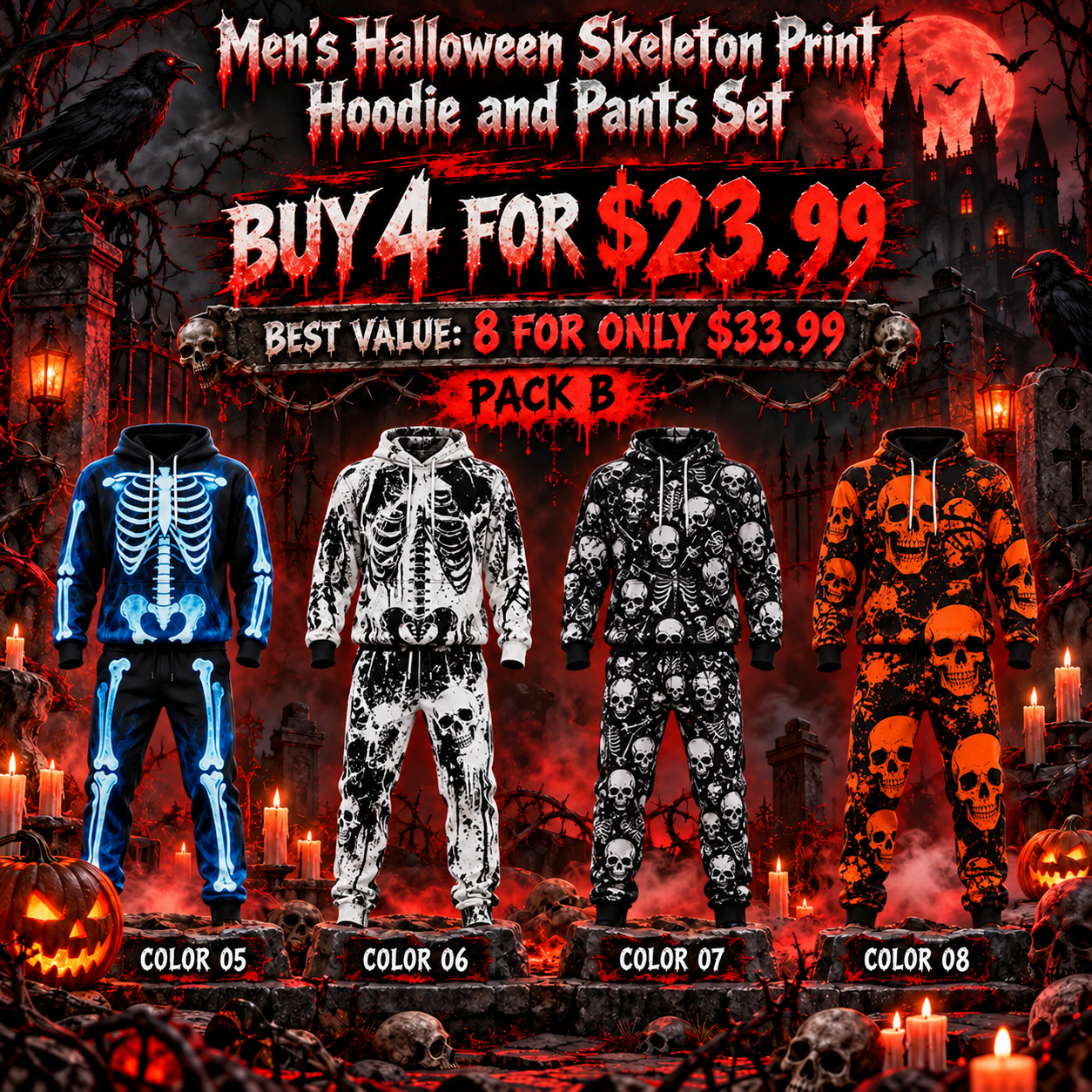 Men's Halloween Skeleton Print Hoodie and Pants Set, Casual Outdoor Wear🔥BUY 4 FOR $23.99 | BEST VALUE: 8 FOR ONLY 33.99