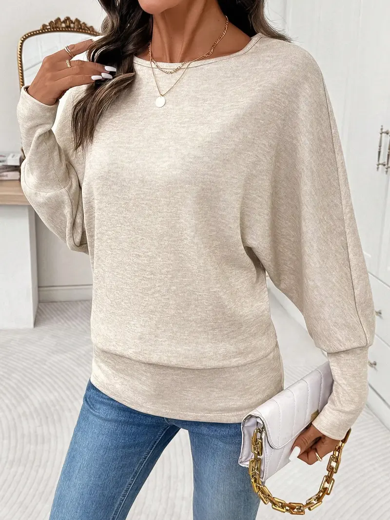 Women's Casual Versatile Loose Round Neck  Soft  Batwing Sleeve Long Sleeve T-Shirt, Elegant,Comfortable and Stylish Top for Daily Wear