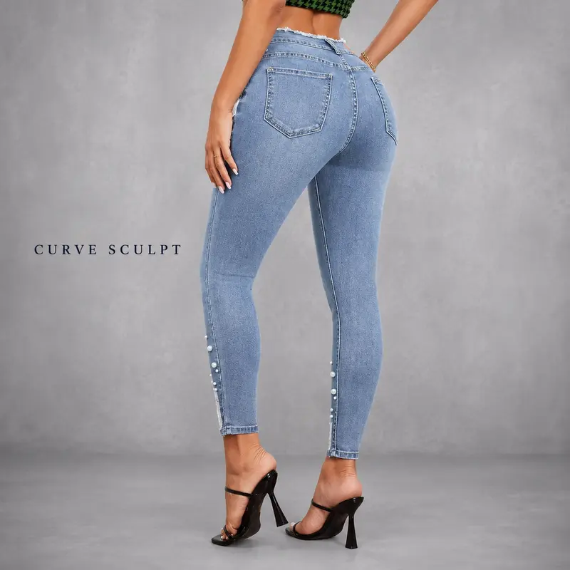 Women’s High-Waist Skinny Jeans with Pearl Embellishments - Y2K Streetwear🔥 BUY 6 FOR $24.99 | BEST VALUE: 6 FOR ONLY $24.99