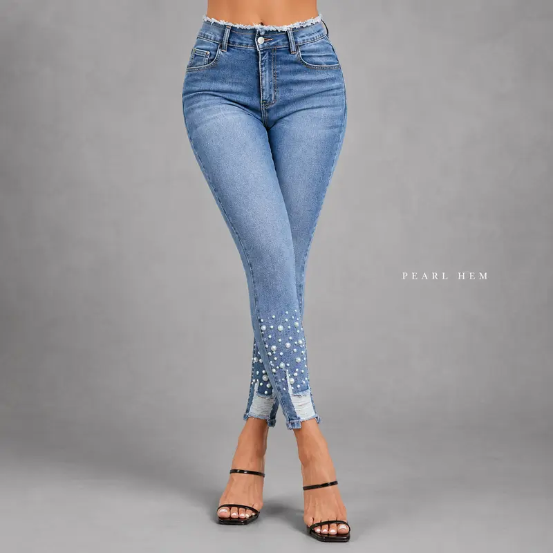 Women’s High-Waist Skinny Jeans with Pearl Embellishments - Y2K Streetwear🔥 BUY 6 FOR $24.99 | BEST VALUE: 6 FOR ONLY $24.99