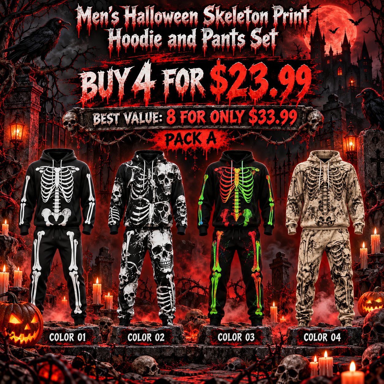 Men's Halloween Skeleton Print Hoodie and Pants Set, Casual Outdoor Wear🔥BUY 4 FOR $23.99 | BEST VALUE: 8 FOR ONLY 33.99