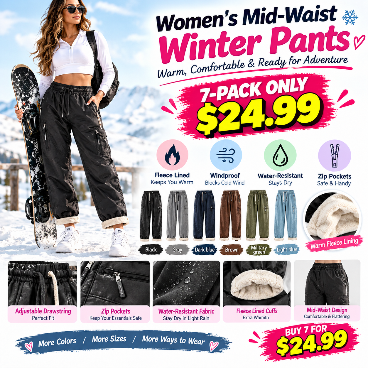  Women's Mid-Waist Full-Length Loose-Fit Polyester Fleece-Lined Winter Pants with Zip Pockets.🔥 BUY 7 FOR $24.99 | BEST VALUE: 7 FOR ONLY $24.99