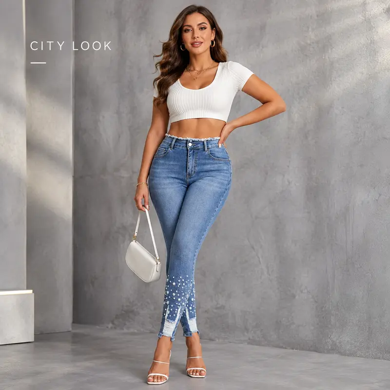 Women’s High-Waist Skinny Jeans with Pearl Embellishments - Y2K Streetwear🔥 BUY 6 FOR $24.99 | BEST VALUE: 6 FOR ONLY $24.99