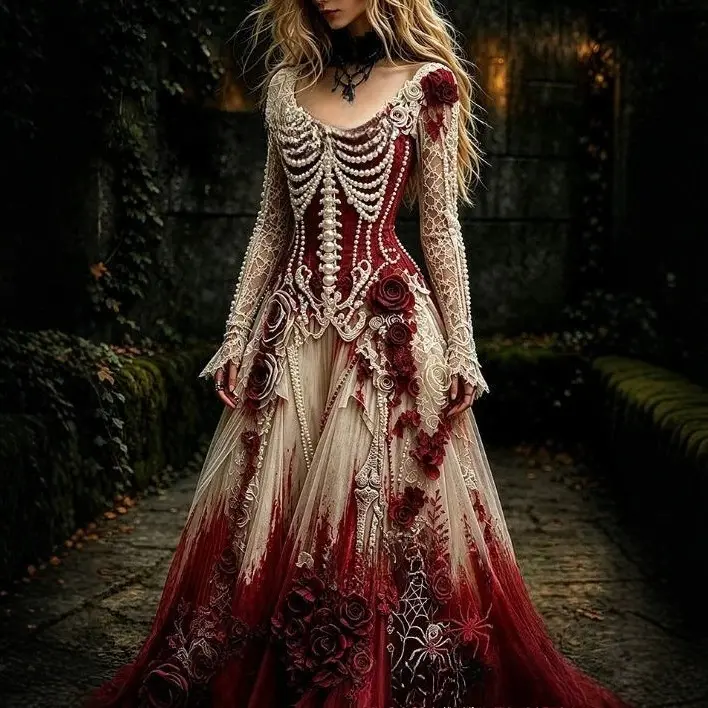 Women's Gothic Skull & Rose Print Soft Fabric Maxi Dress - Long Sleeve, Vintage Aesthetics, Everyday Halloween Special Occasion Wear.🔥BUY 1 FOR $19.99 | BEST VALUE: 4 FOR ONLY $39.99