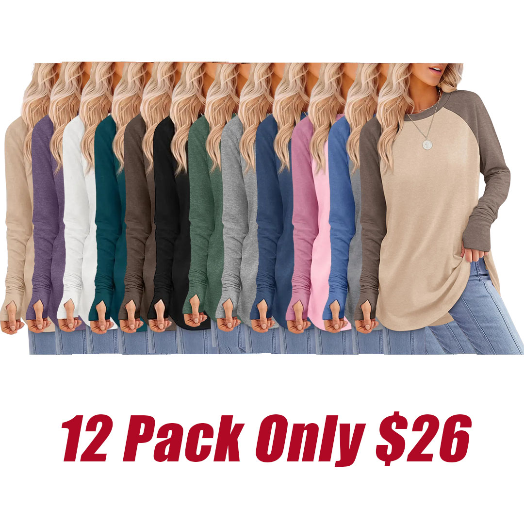 Women’s Casual Tunic Tops with Thumb Holes & Curved Hem