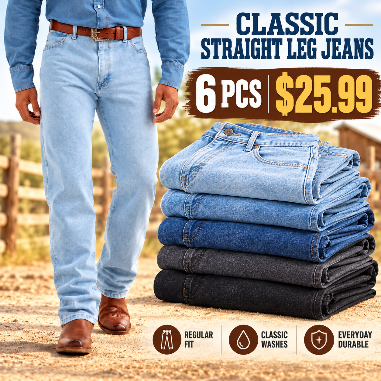 🔥 BESTSELLER | 6PCS $25.99 | Men's Original Fit Western Jeans