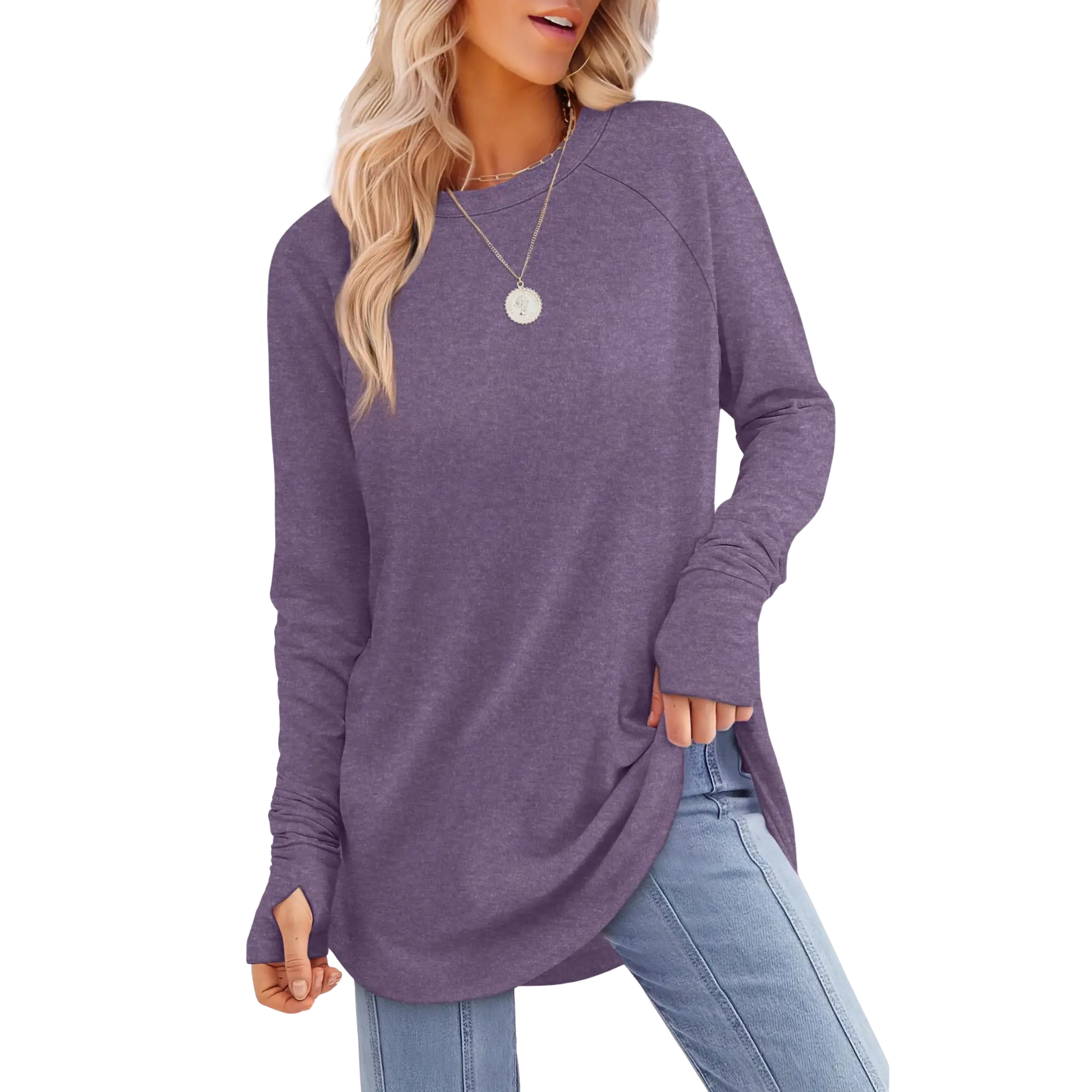 Women’s Casual Tunic Tops with Thumb Holes & Curved Hem