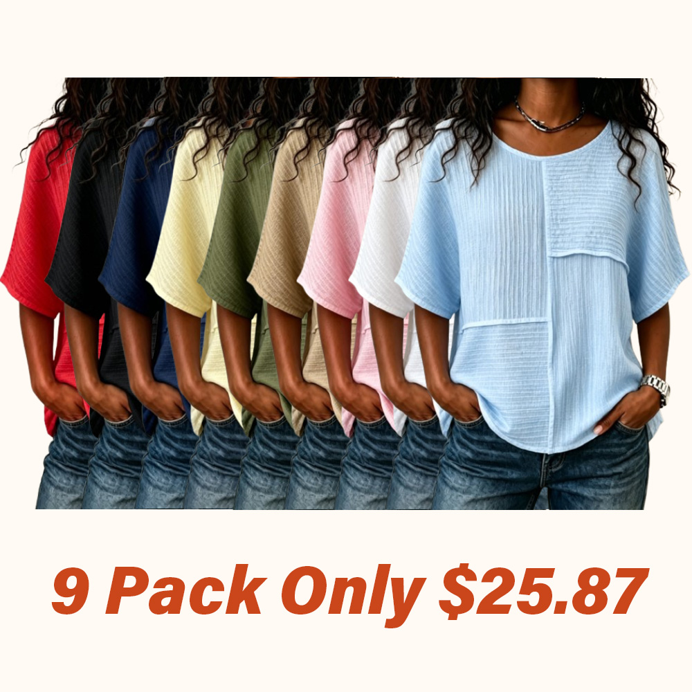 🔥CLEARANCE SALE🔥Women's Textured Patchwork Top with Round Neck and Short Sleeves