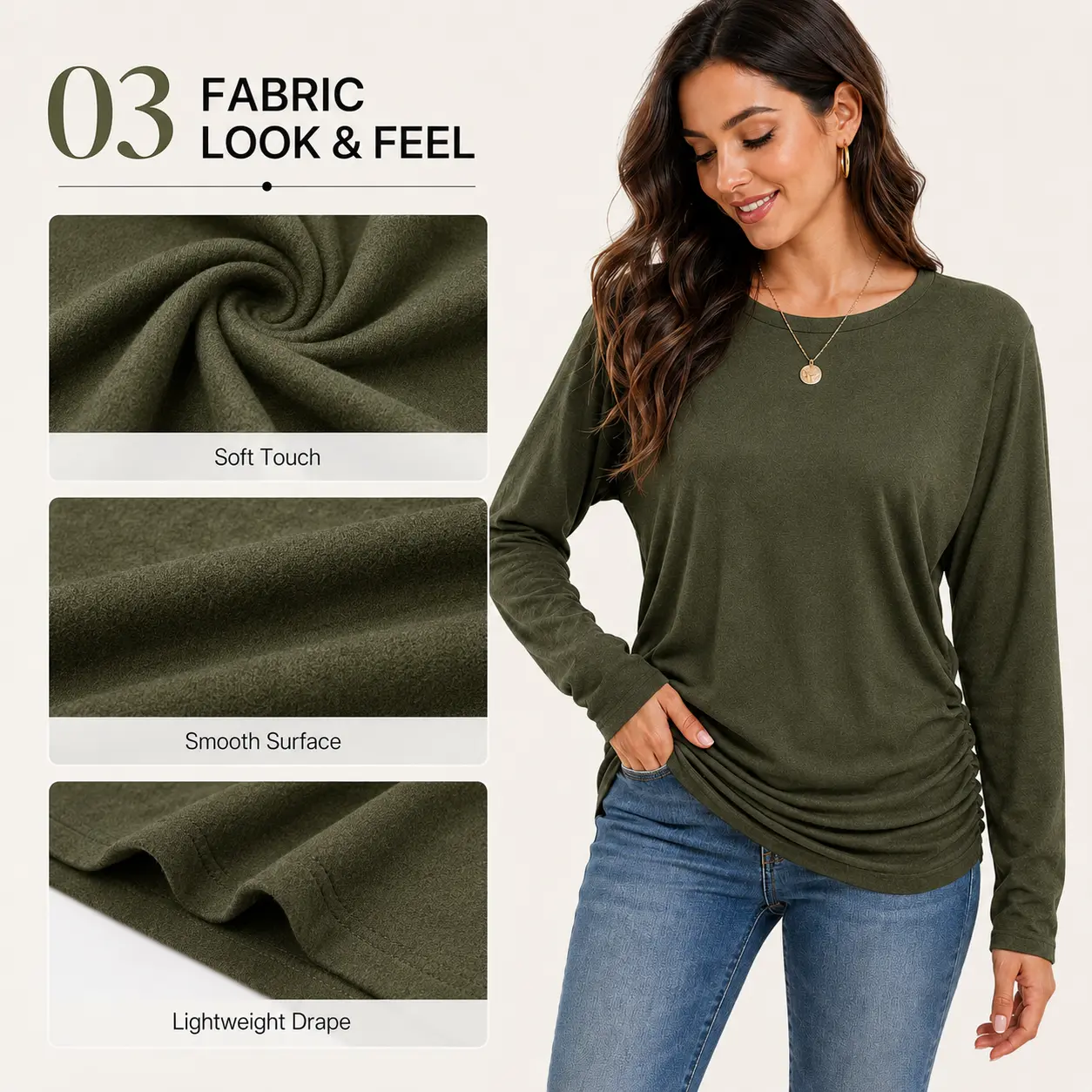 Womens Long Sleeve Ruched Hem Lightweight Sweaters