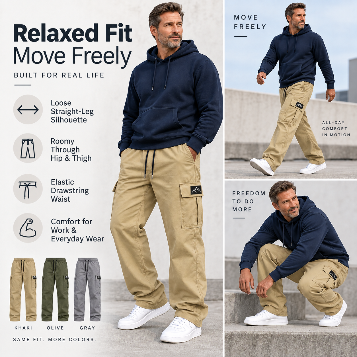 Men wearing cargo pants for work and everyday weekend activities