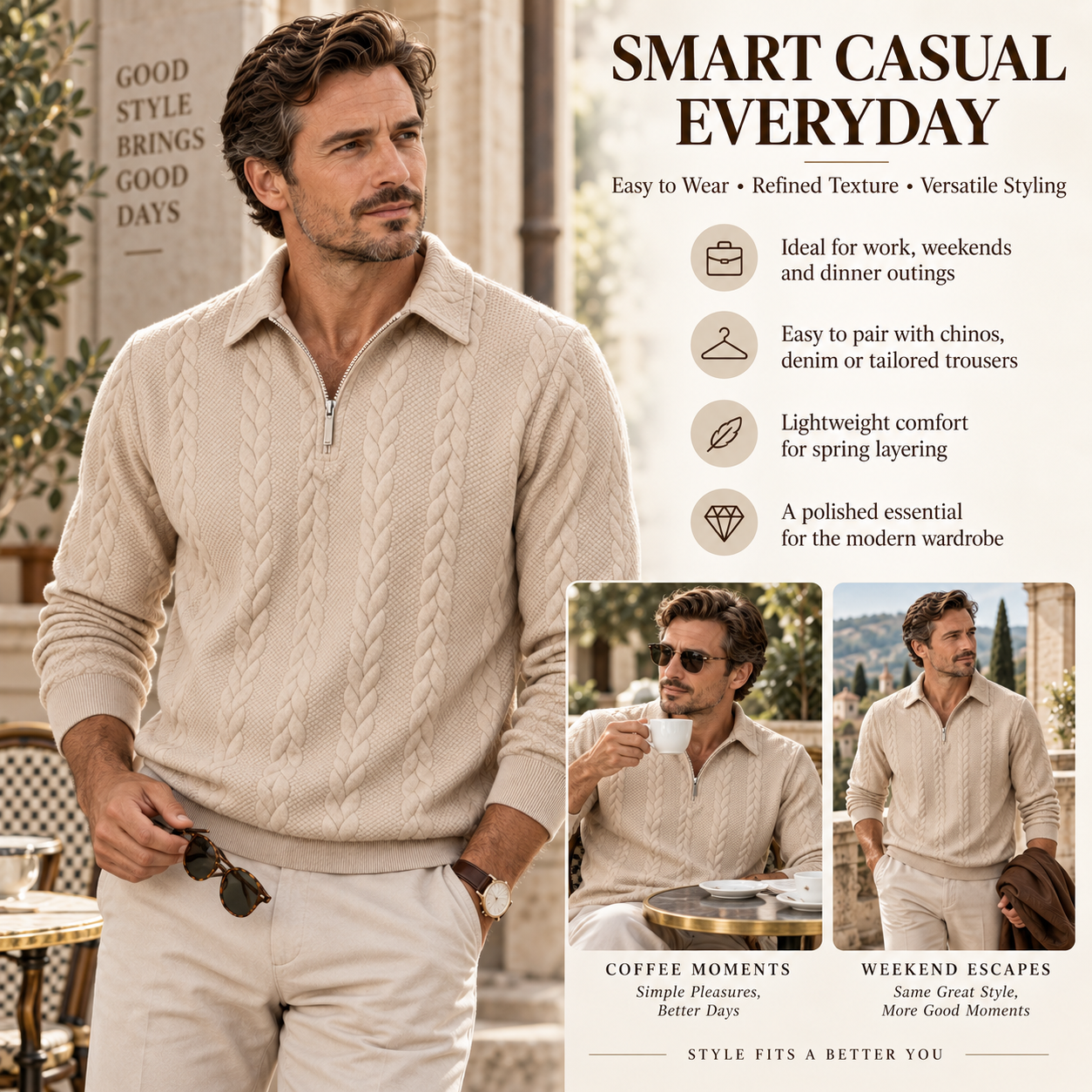Men's classic textured half zip polo sweater