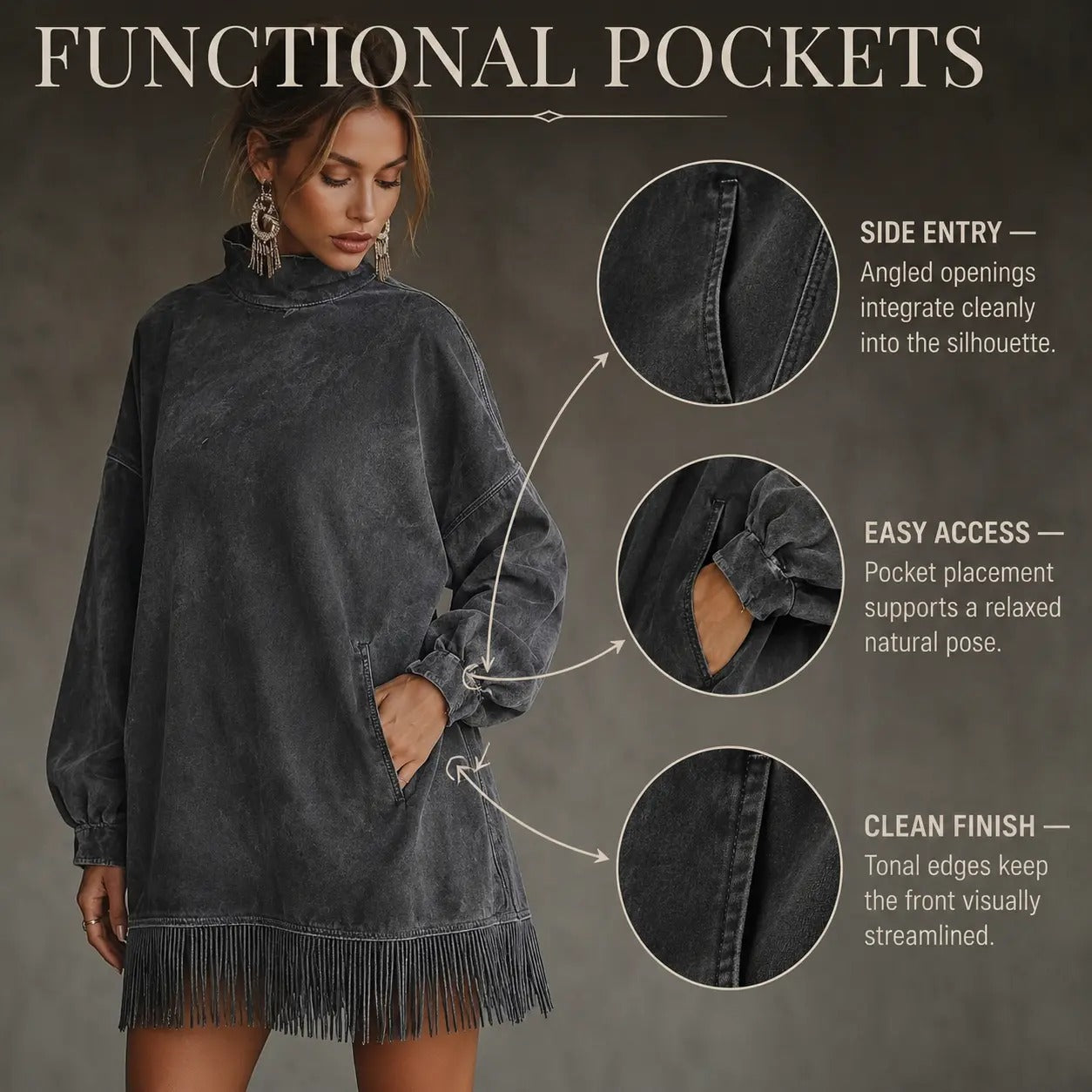 Functional side pockets on oversized fringe sweatshirt dress