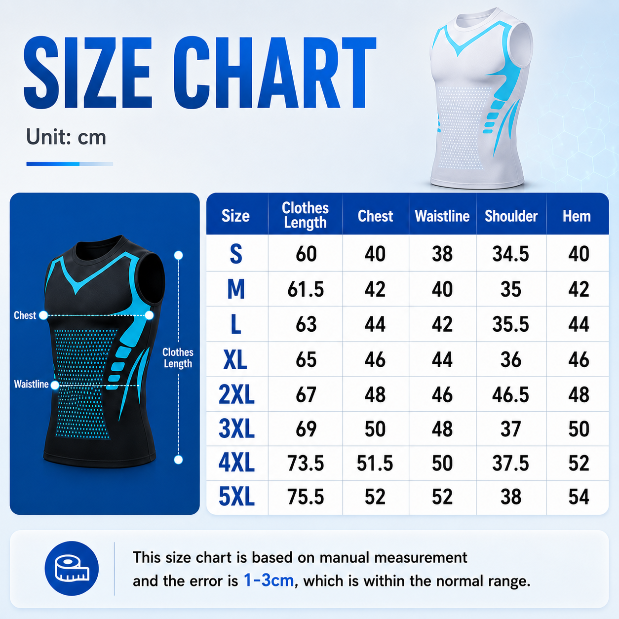 ENERGXCEL Ionic Vest size chart