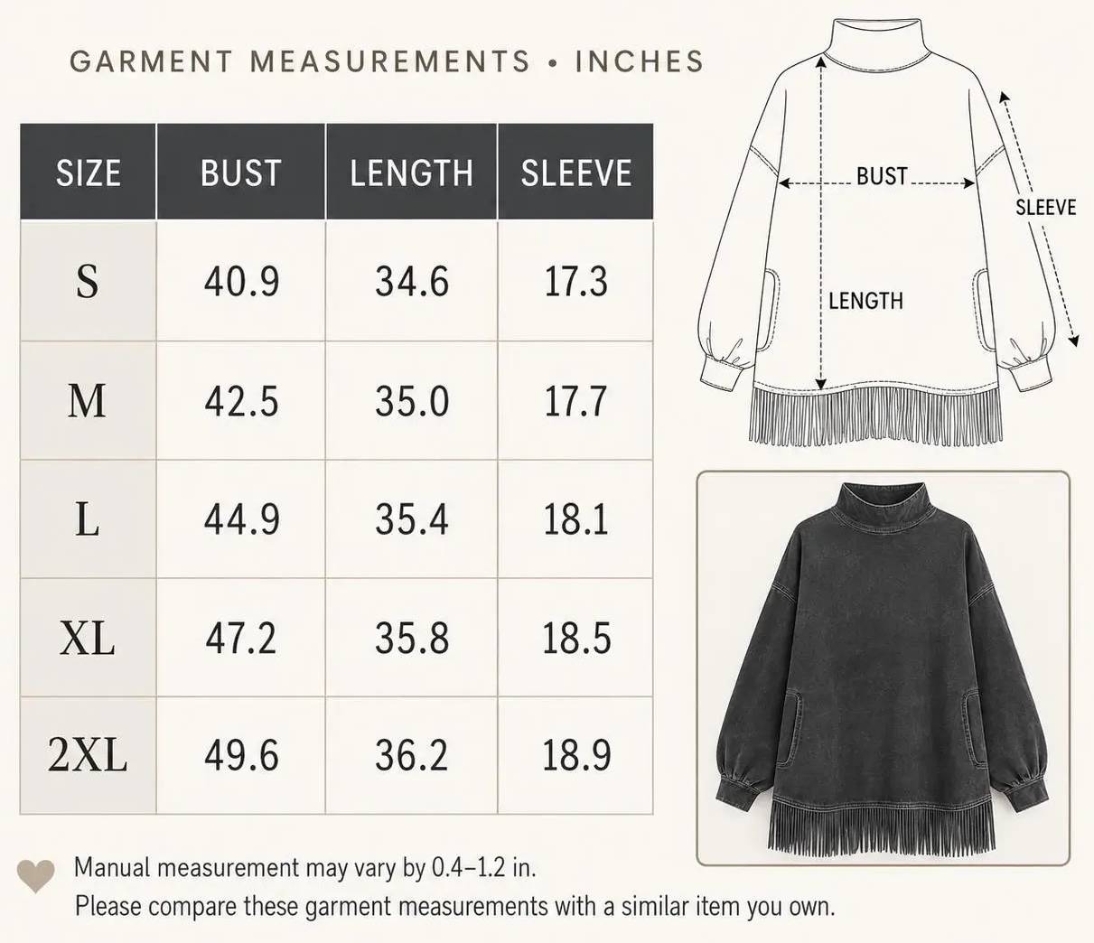 Women's fringe sweatshirt dress size chart