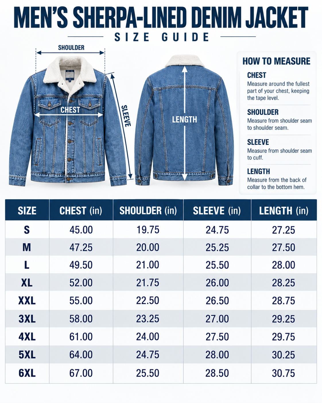 Men's sherpa-lined denim jacket size guide S to 6XL