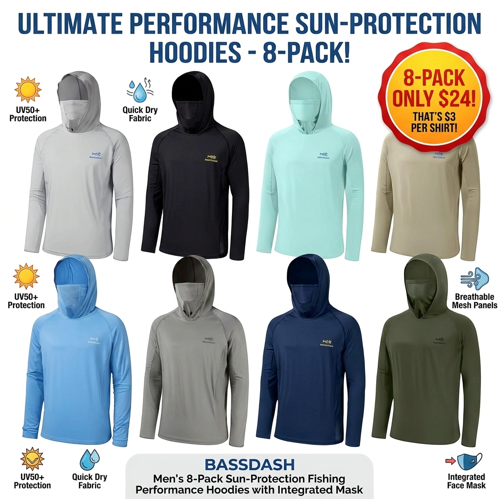 🔥 HOT SALE 📦 8-PACK DEAL ☀️☀️☀️UPF 50+ Men’s Long Sleeve Fishing Shirt with Mask UV Neck Gaiter Hoodie