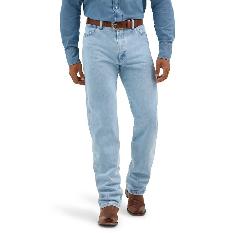 Front view of men's light blue original fit western jeans with straight leg