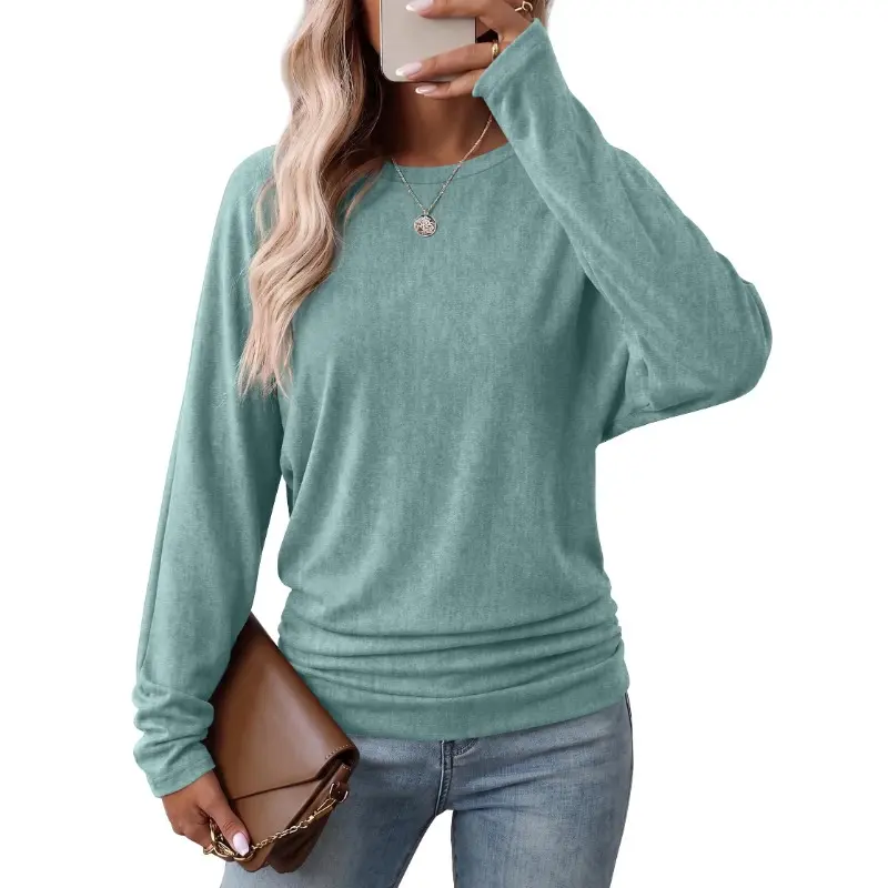 Womens Long Sleeve Ruched Hem Lightweight Sweaters