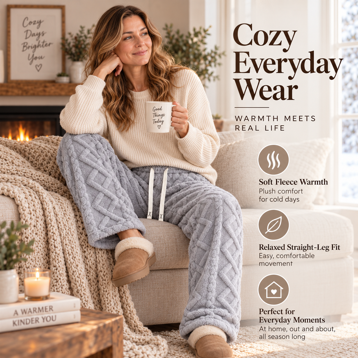 Woman relaxing at home in warm retro fleece pants
