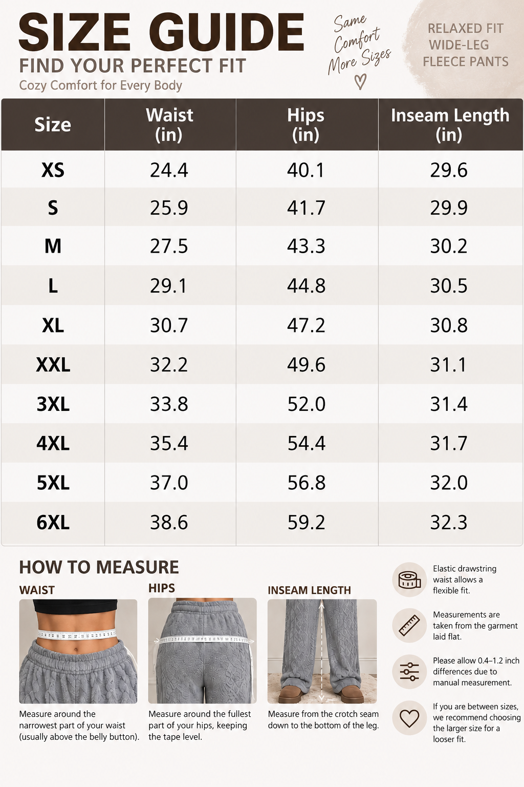 Women's retro fleece pants size guide XS to 6XL
