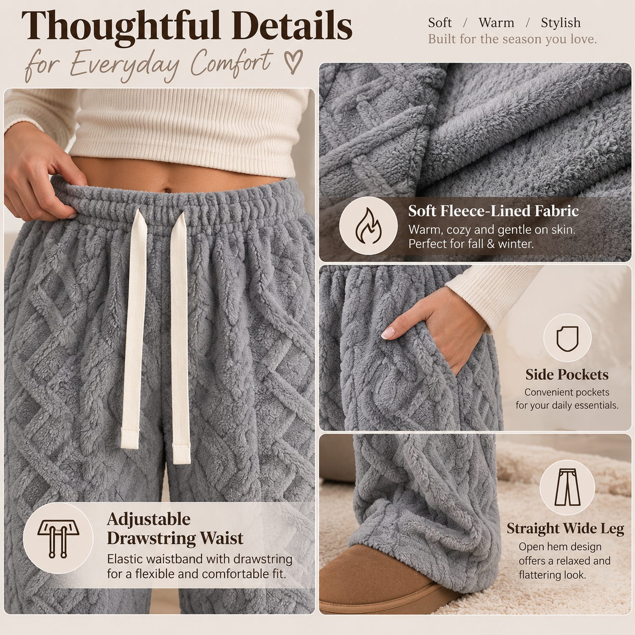 Drawstring waist fleece texture pocket and wide-leg details