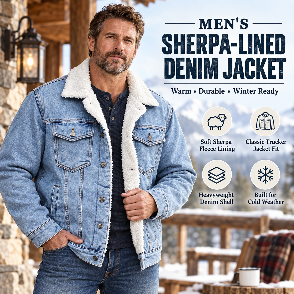Warm sherpa fleece lining inside men's denim jacket