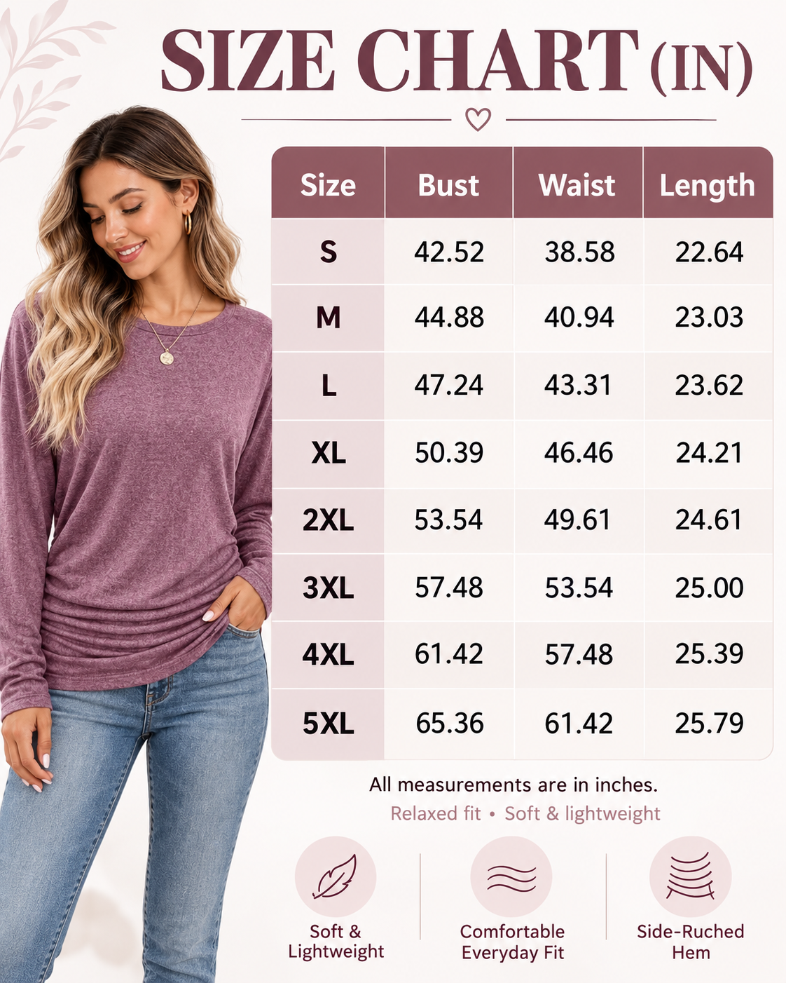 Women's side ruched long sleeve top size chart S to 5XL