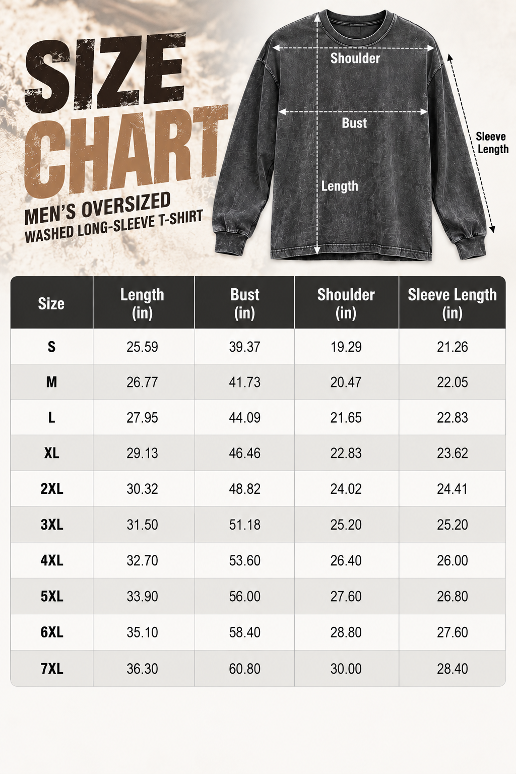 Men's oversized washed long sleeve tee size chart S to 7XL