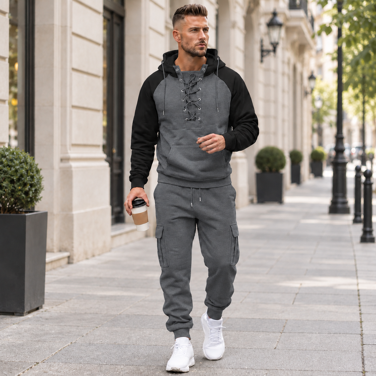 Men's Lace-Up Hooded Two Piece Tracksuit