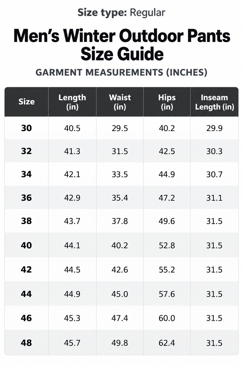 Men's winter outdoor pants size guide 30 to 48