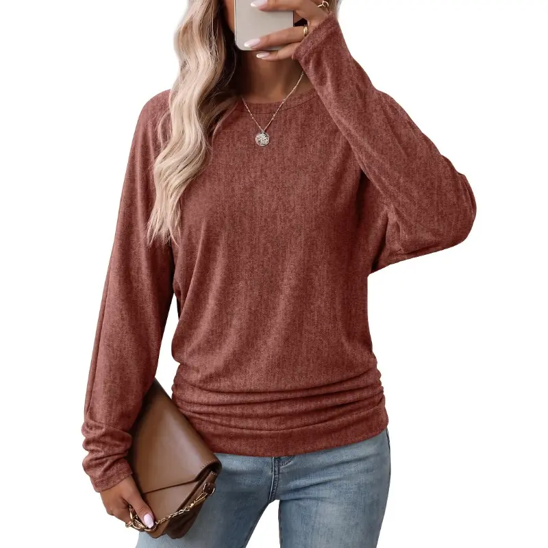 Womens Long Sleeve Ruched Hem Lightweight Sweaters