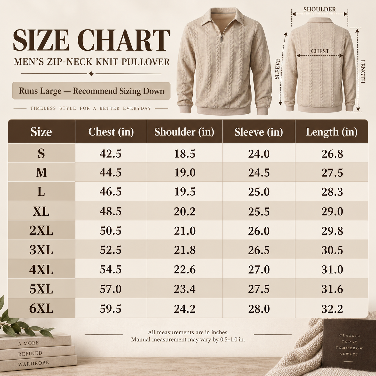 Men's half zip textured knit pullover size chart S to 6XL
