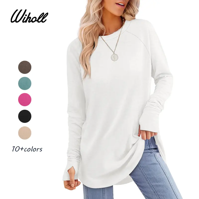 Women’s Casual Tunic Tops with Thumb Holes & Curved Hem