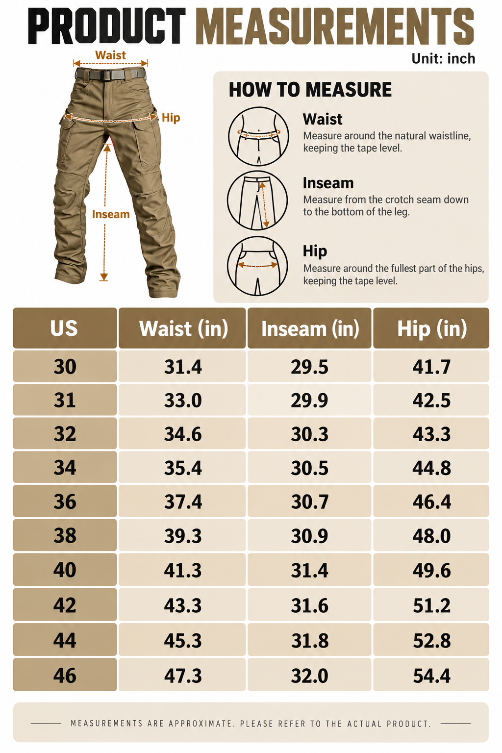Men's tactical pants size guide from size 30 to 46