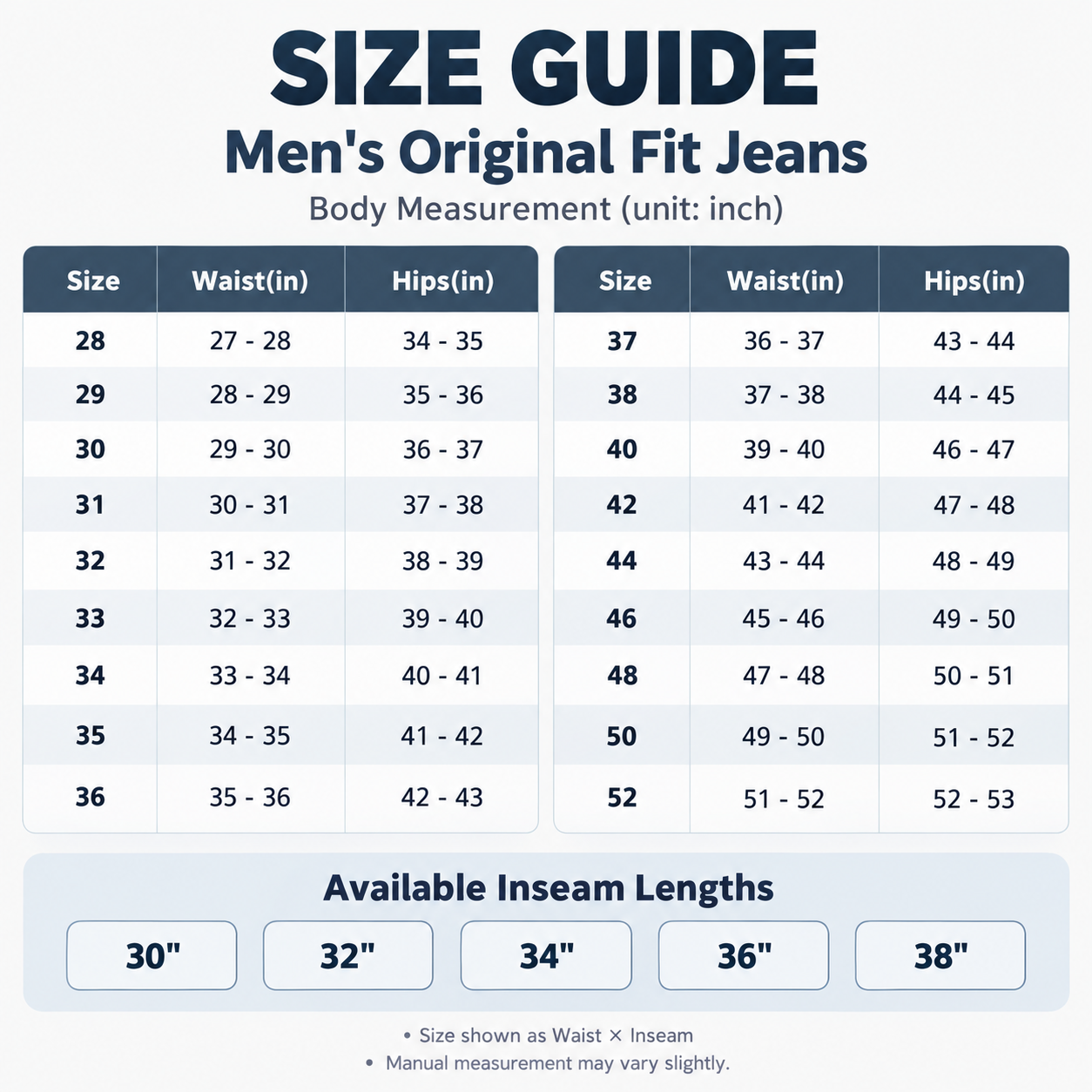 Men's original fit western jeans size guide with waist sizes 28 to 52 and inseam lengths 30 to 38 inches