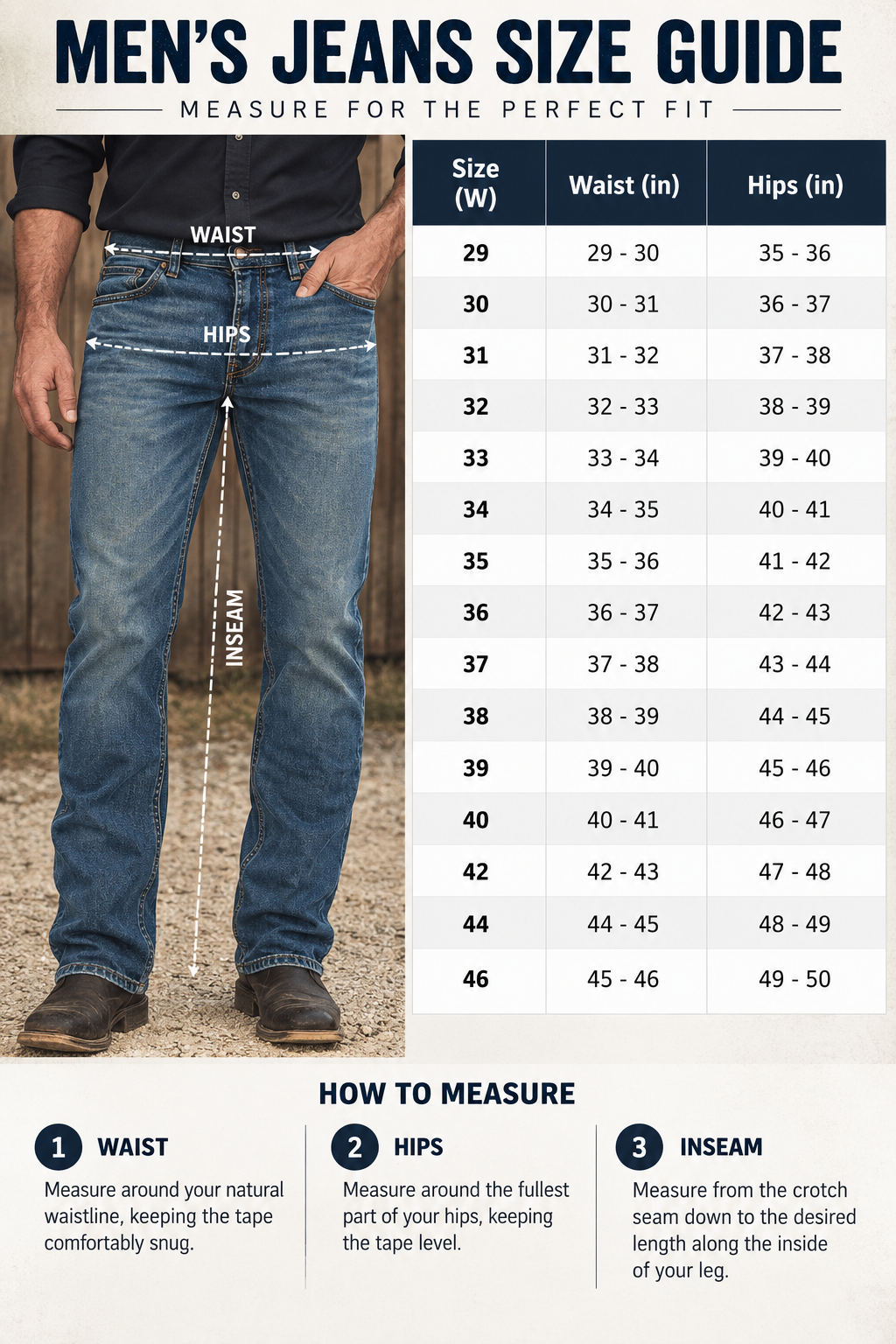 Men's jeans waist and hip size guide in inches