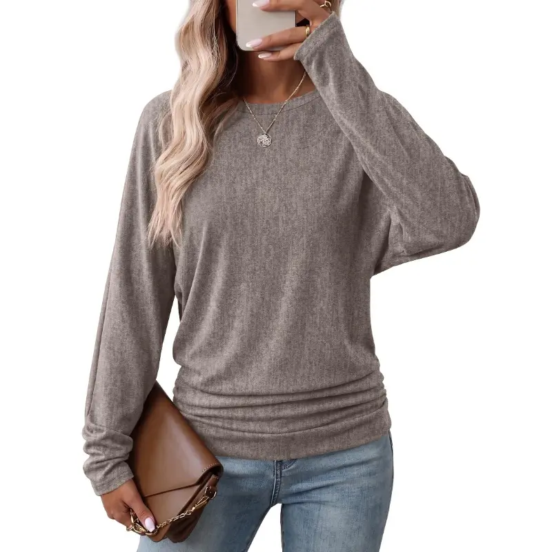 Womens Long Sleeve Ruched Hem Lightweight Sweaters