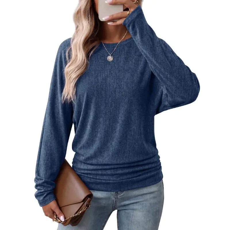Womens Long Sleeve Ruched Hem Lightweight Sweaters