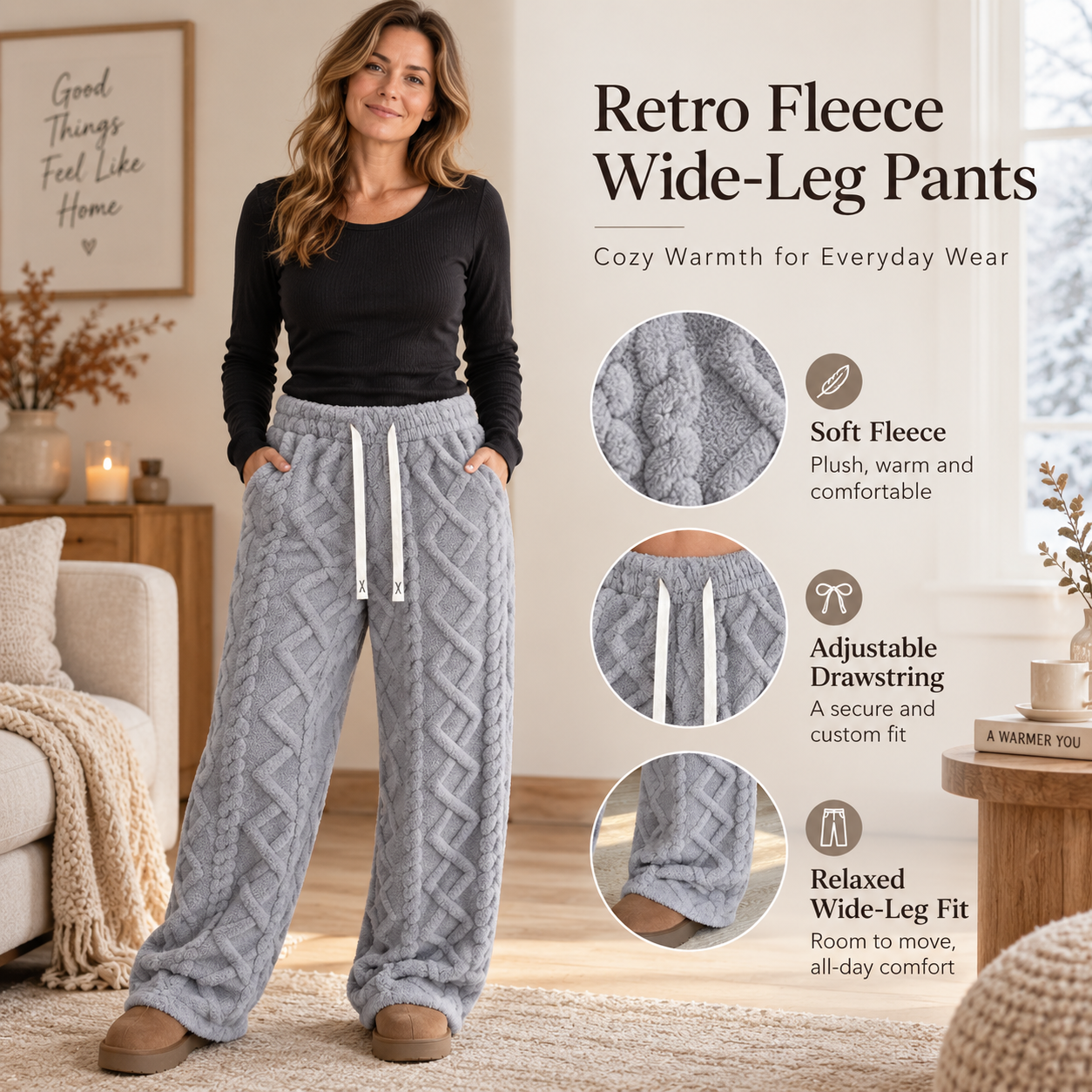 Women's retro fleece wide-leg pants front view
