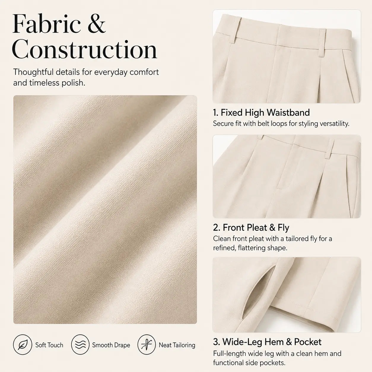 Wide-leg trousers styled for work and everyday wear