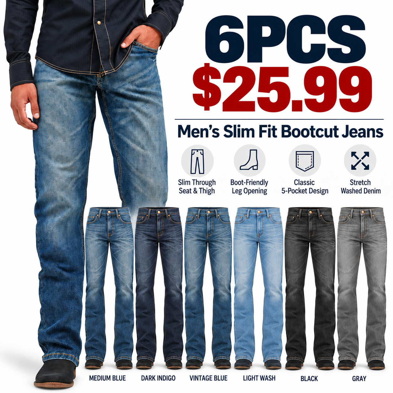🔥 BESTSELLER | 6PCS $25.99 | Men's  Slim Fit Bootcut Jeans- Layton Classic Denim