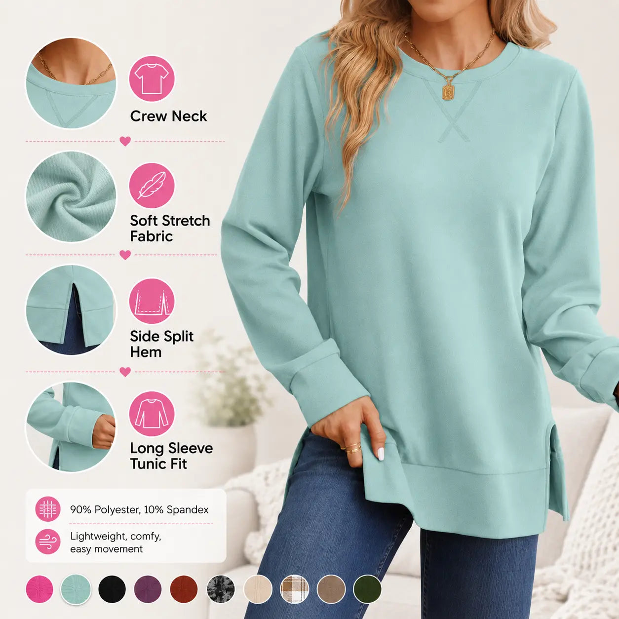 Women's relaxed long sleeve side split tunic sweatshirt
