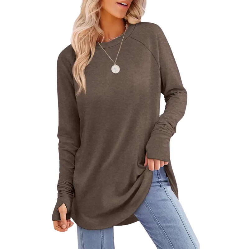Women’s Casual Tunic Tops with Thumb Holes & Curved Hem