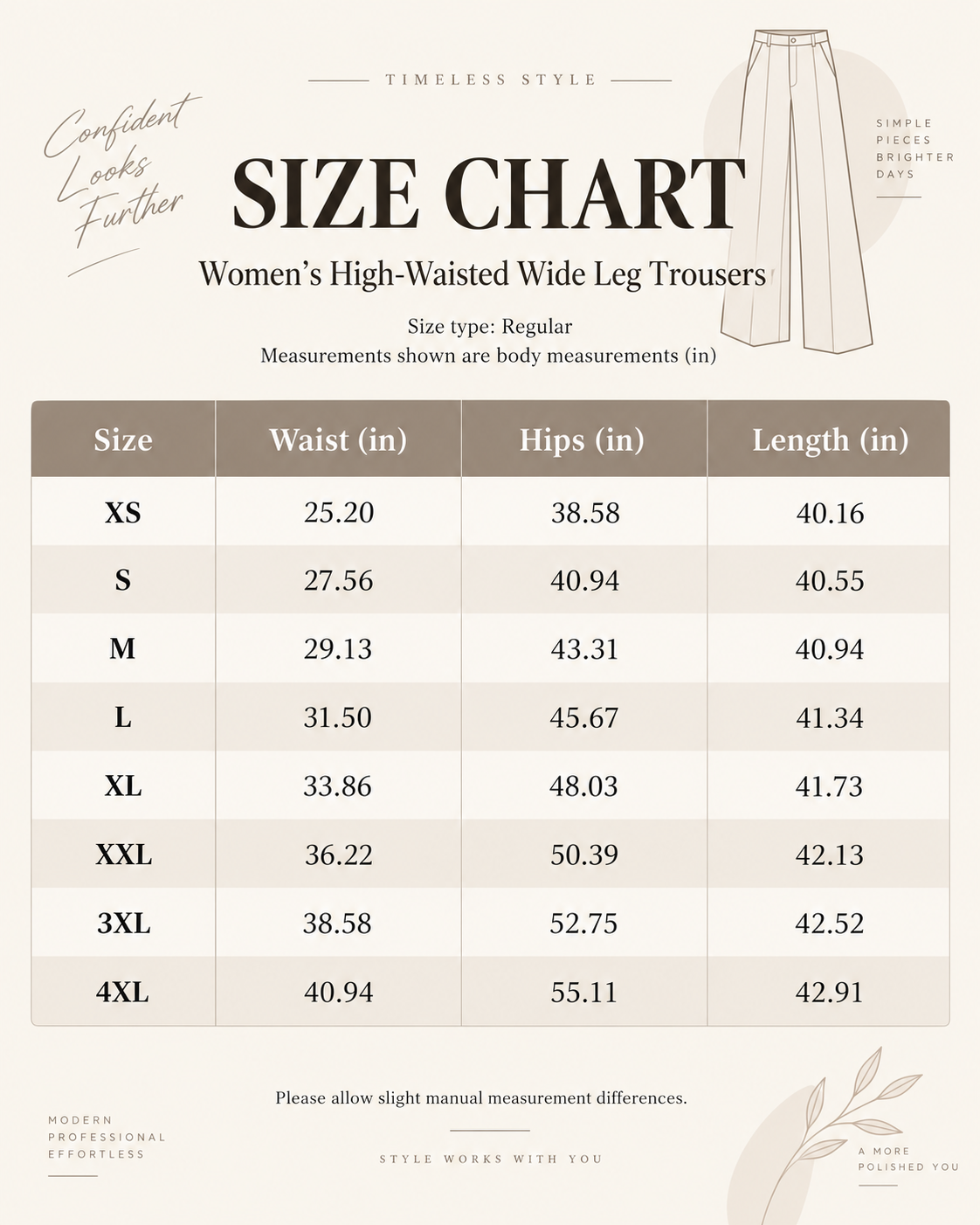 Women's high-waisted wide-leg trousers size chart XS to 4XL