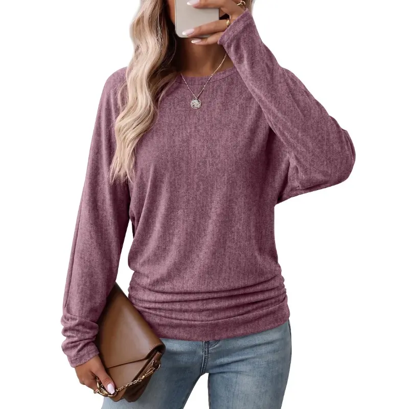 Womens Long Sleeve Ruched Hem Lightweight Sweaters
