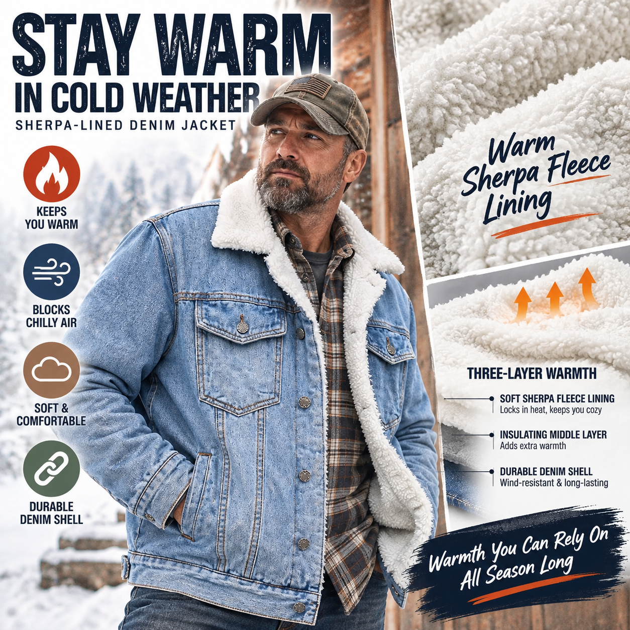 Men's sherpa-lined washed denim trucker jacket