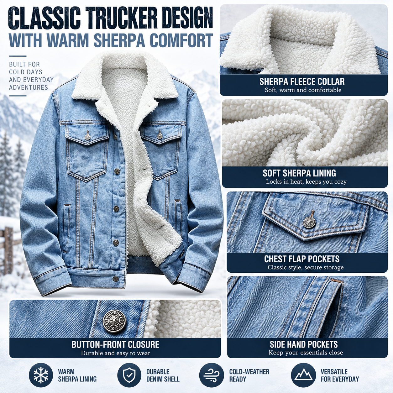 Men's sherpa denim trucker jacket construction details