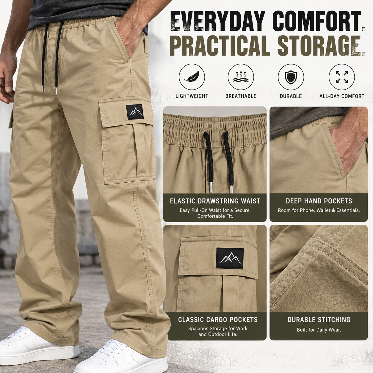Elastic waist and cargo pocket details