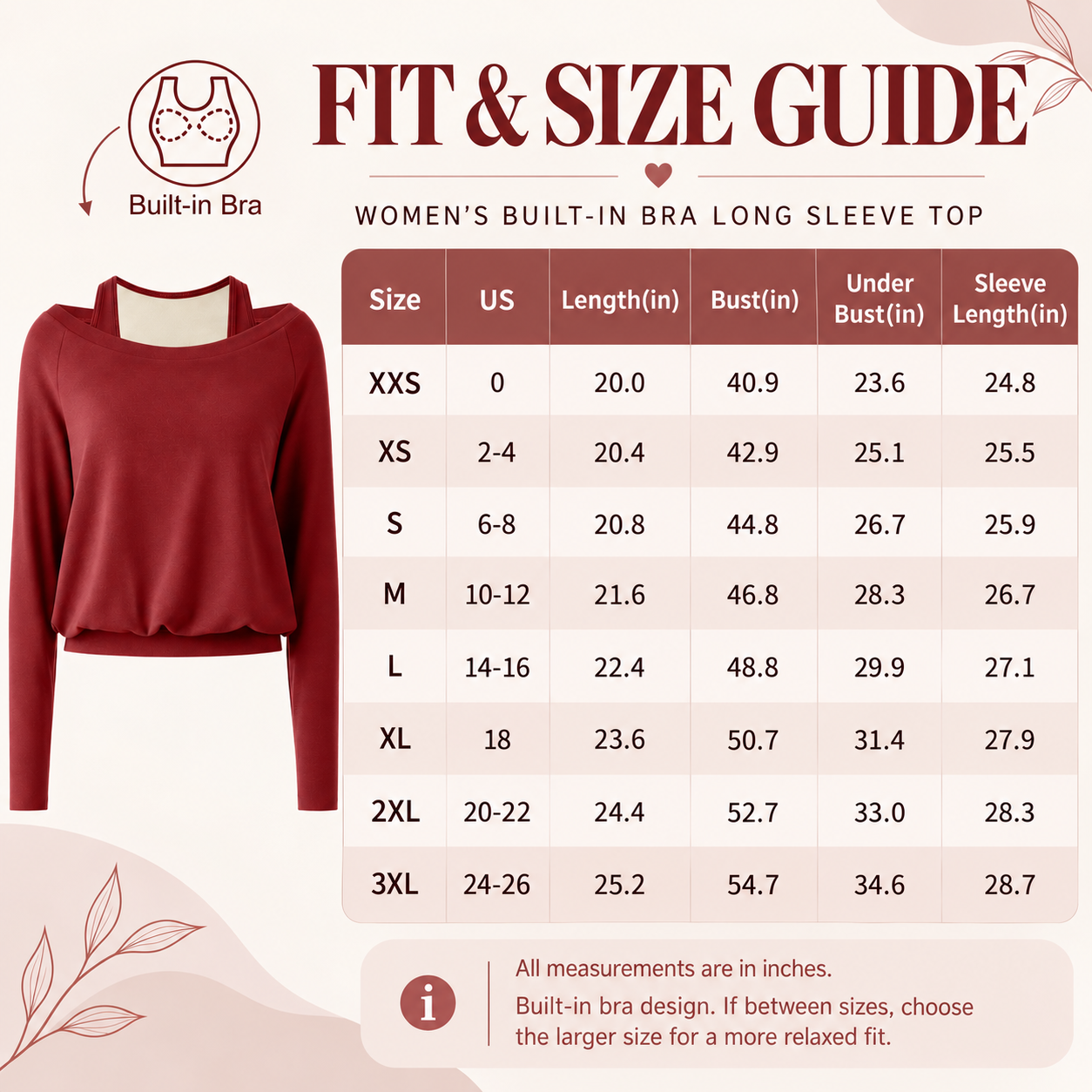 Women's built-in bra multi-wear long sleeve top size chart XXS to 3XL